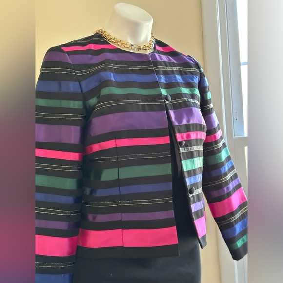 Talbots Ribbon Black Stripes Blazer Gold Trim 4 button 1st Button Is lose SZ 6P - Picture 2 of 11